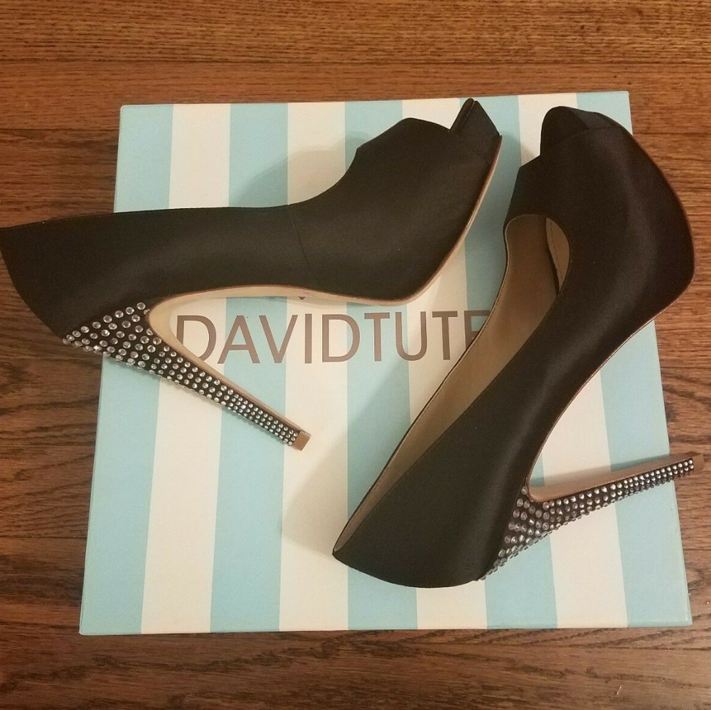 David Tutera Black Satin Peep-Toe Heel with Jeweled Stiletto